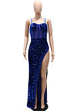 Euramerican Fashion Sexy Condole Belt Collect Waist Perspectivity High Split Backless Hip Long Dress CCY9587