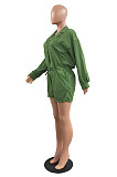Whoelsale Simple Women Long Sleeve Lapel Neck Single-Breasted Collect Waist Bandage Shirts Romper Shorts H1800