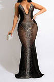 Euramerican Sexy Perspectivity Condole Belt Bling Bling Deep V Collar Backless Bodycon Long Dress CCY9583