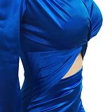 Fashion Women Sexy Pure Color Long Sleeve Hollow Out Ruffle Hip Mini Dress XZ5583