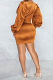Fashion Women Sexy Pure Color Long Sleeve Hollow Out Ruffle Hip Mini Dress XZ5583