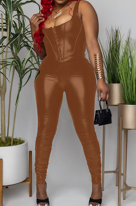 Hot Sales Nigh Club Fuax Leather Tank Ruffle Skinny Pants Plain For Party Fashion Sets OMY80088 