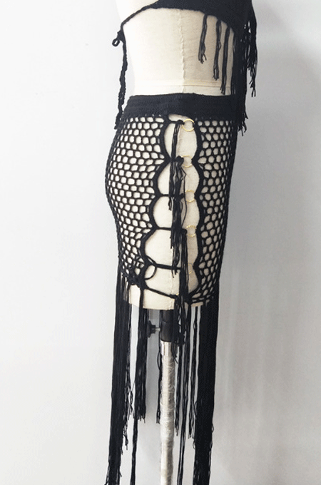 Euramerican Holiday Knit Hip Hollow Out Long Tassel Skirts CYBK0109