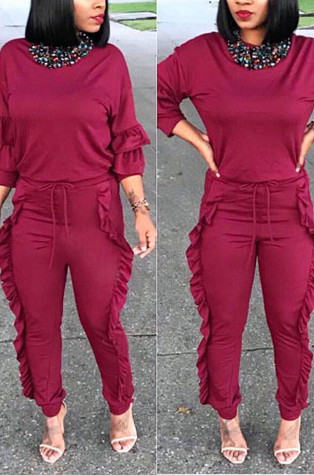 Wholesale Cute Women Round Collar Ruffle Solid Color Fashion Sets ORY5065