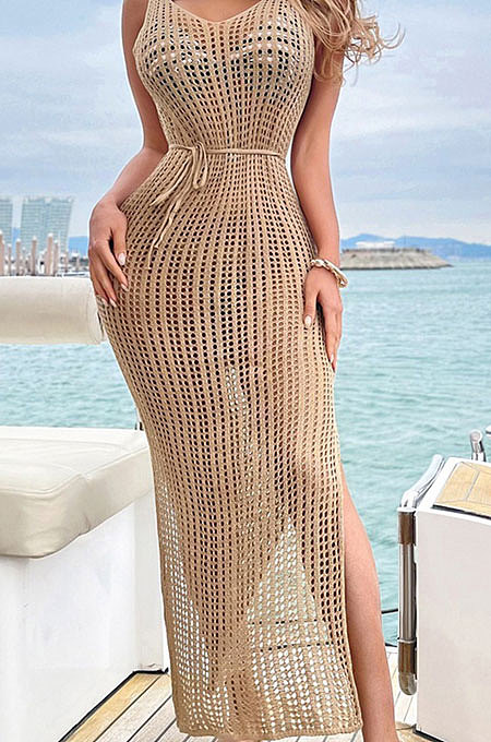 Women Sandbeach Casual Pure Color Knit Sleeveless Split Long Dress CYDZ3257