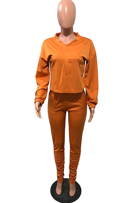 Simple New Women Long Sleeve V Neck Tops Ruffle Slit Pants Solid Color Casual Sets OMY80086