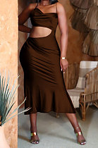 Euramerican Women Solid Color Flounce Swing Dew Waist Backless Midi Dress MY10052