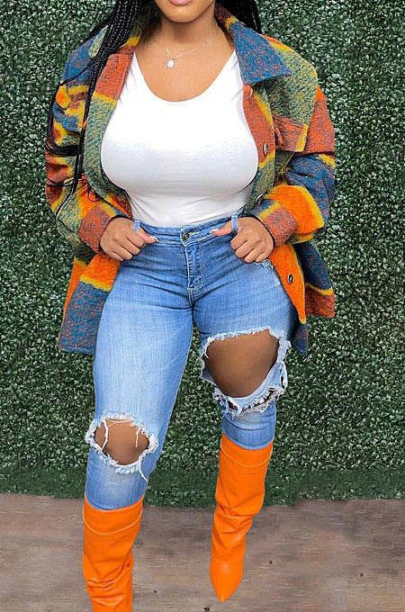  Women Casual New Plaid Printed Long Sleeve Single-Breasted Cardigan Orterwear OMY80091