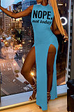 Euramericn Women Letters Printing Sleeveless Sexy Split Long Dress PU6807