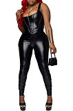Hot Sales Nigh Club Fuax Leather Tank Ruffle Skinny Pants Plain For Party Fashion Sets OMY80088 