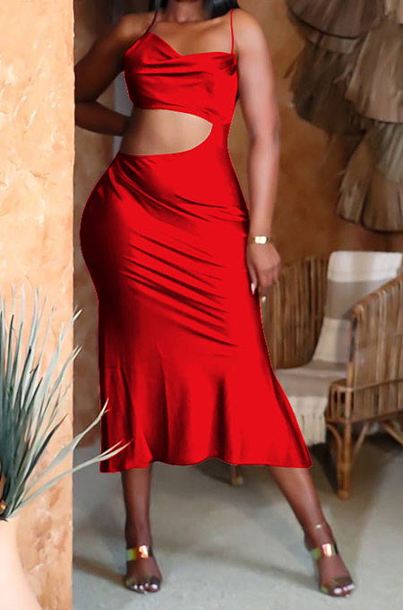 Euramerican Women Solid Color Flounce Swing Dew Waist Backless Midi Dress MY10052