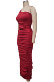 Women One Shoulder Condole Belt Solid Color Ruffle Long Dress MY10046