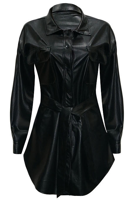 Women Fashion Long Sleeve Cardigan Button Waist Strap Turn-Down Collar Coat SN390264