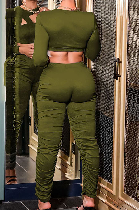 Women Fashion Sexy Pure Color Hollow Out Long Sleeve Casual Pants Sets PU6805
