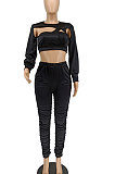 Women Fashion Sexy Pure Color Hollow Out Long Sleeve Casual Pants Sets PU6805