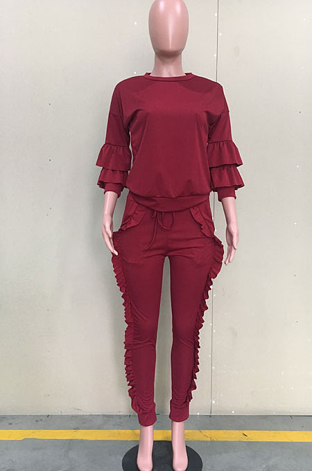 Wholesale Cute Women Round Collar Ruffle Solid Color Fashion Sets ORY5065