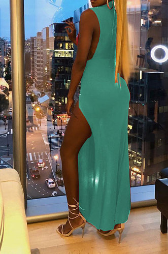 Euramericn Women Letters Printing Sleeveless Sexy Split Long Dress PU6807