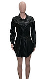 Women Fashion Long Sleeve Cardigan Button Waist Strap Turn-Down Collar Coat SN390264