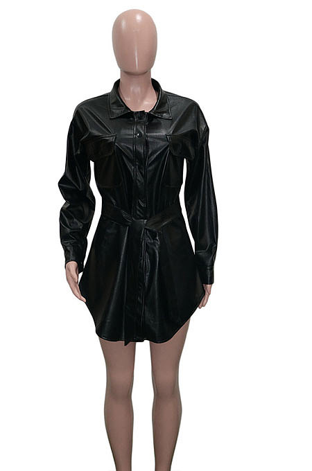 Women Fashion Long Sleeve Cardigan Button Waist Strap Turn-Down Collar Coat SN390264