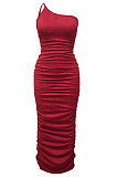 Women One Shoulder Condole Belt Solid Color Ruffle Long Dress MY10046