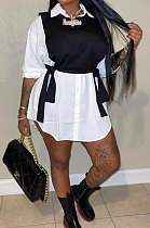 New Women Long Sleeve Lapel Neck Shirts Dress+Laced-Up Tank Sets OMY80085