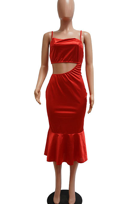 Euramerican Women Solid Color Flounce Swing Dew Waist Backless Midi Dress MY10052