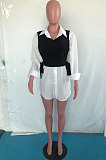 New Women Long Sleeve Lapel Neck Shirts Dress+Laced-Up Tank Sets OMY80085
