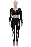 Euramerican Women Casual Zipper Round Collar Short Crop Long Pants Reflective Tape Two Pieces SN390263
