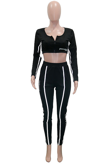 Euramerican Women Casual Zipper Round Collar Short Crop Long Pants Reflective Tape Two Pieces SN390263