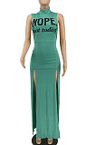Euramericn Women Letters Printing Sleeveless Sexy Split Long Dress PU6807