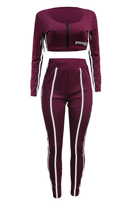 Euramerican Women Casual Zipper Round Collar Short Crop Long Pants Reflective Tape Two Pieces SN390263