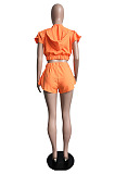 Wholesale New Women Short Sleeve Zipper Hoodie Ruffle Shorts Solid Color Casual Sets LML298