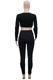 Euramerican Women Casual Zipper Round Collar Short Crop Long Pants Reflective Tape Two Pieces SN390263