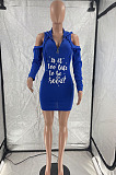 Casual Sexy Cotton Blend Letter Printed Long Sleeve Off Shoulder Slim Fitting Hoodie Hiip Dress LM88837