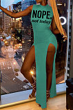 Euramericn Women Letters Printing Sleeveless Sexy Split Long Dress PU6807