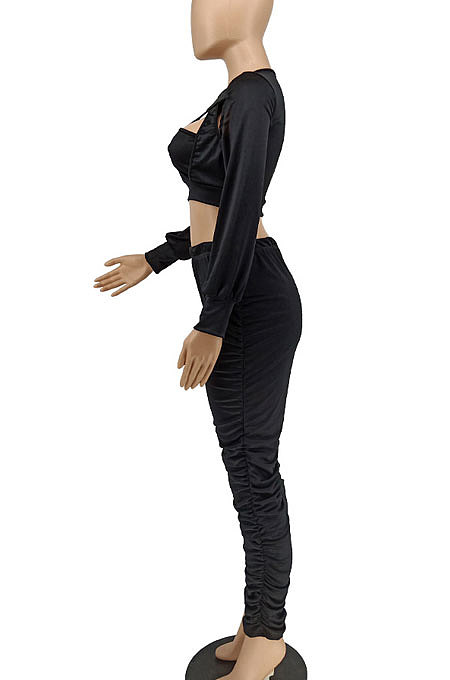 Women Fashion Sexy Pure Color Hollow Out Long Sleeve Casual Pants Sets PU6805