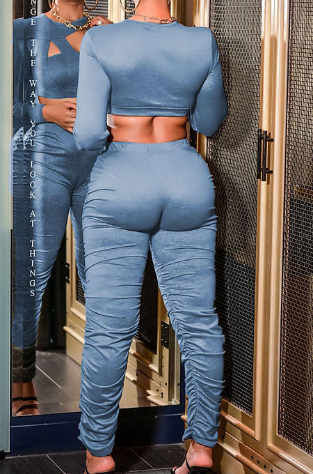 Women Fashion Sexy Pure Color Hollow Out Long Sleeve Casual Pants Sets PU6805