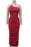 Women One Shoulder Condole Belt Solid Color Ruffle Long Dress MY10046