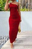 Women One Shoulder Condole Belt Solid Color Ruffle Long Dress MY10046