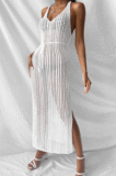 Women Sandbeach Casual Pure Color Knit Sleeveless Split Long Dress CYDZ3257