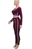 Euramerican Women Casual Zipper Round Collar Short Crop Long Pants Reflective Tape Two Pieces SN390263