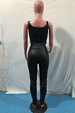 Hot Sales Nigh Club Fuax Leather Tank Ruffle Skinny Pants Plain For Party Fashion Sets OMY80088 