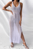 Women Sandbeach Casual Pure Color Knit Sleeveless Split Long Dress CYDZ3257