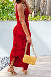 Women One Shoulder Condole Belt Solid Color Ruffle Long Dress MY10046