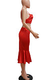 Euramerican Women Solid Color Flounce Swing Dew Waist Backless Midi Dress MY10052