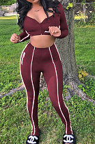 Euramerican Women Casual Zipper Round Collar Short Crop Long Pants Reflective Tape Two Pieces SN390263