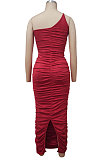 Women One Shoulder Condole Belt Solid Color Ruffle Long Dress MY10046