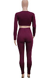 Euramerican Women Casual Zipper Round Collar Short Crop Long Pants Reflective Tape Two Pieces SN390263