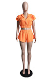 Wholesale New Women Short Sleeve Zipper Hoodie Ruffle Shorts Solid Color Casual Sets LML298