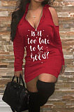 Casual Sexy Cotton Blend Letter Printed Long Sleeve Off Shoulder Slim Fitting Hoodie Hiip Dress LM88837
